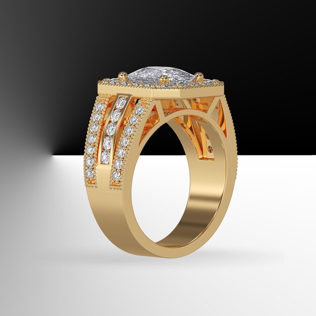 Anillo de compromiso con halo de diamante central de talla cojín con piedras de 3 líneas en el vástago 3D Render