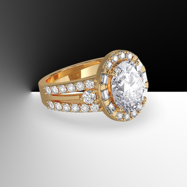 Anillo de compromiso de halo de oro amarillo con piedra central ovalada y diamantes laterales en representación 3d de vástago dividido