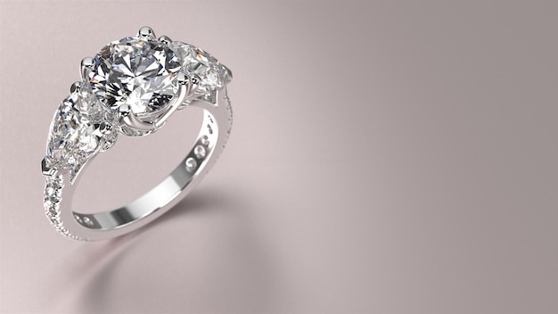 Anillo de compromiso de oro blanco con render 3d de diamantes con hermoso fondo