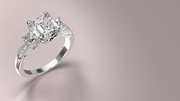 Foto anillo de compromiso de oro blanco con render 3d de diamantes con hermoso fondo