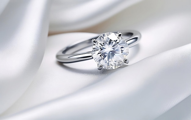 Anillo de compromiso de oro blanco con solitario dimond en el fondo de satén blanco Anillo de promesa de diamante