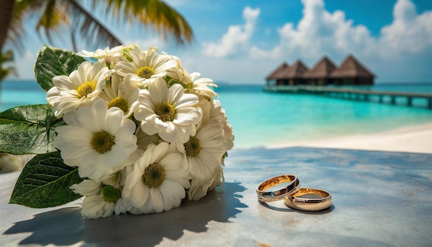 Foto anillo de compromiso y ramo blanco en la hermosa playa tropical