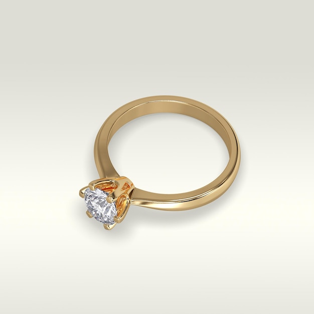 Anillo de compromiso solitario en posición tumbada en renderizado 3D de oro amarillo