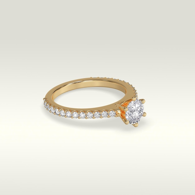 Anillo de compromiso solitario en posición tumbada en renderizado 3D de oro amarillo