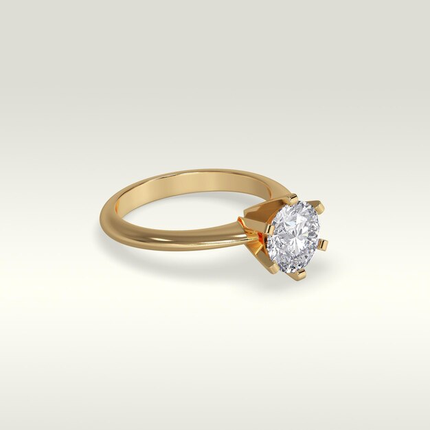 Anillo de compromiso solitario en posición tumbada en renderizado 3D de oro amarillo