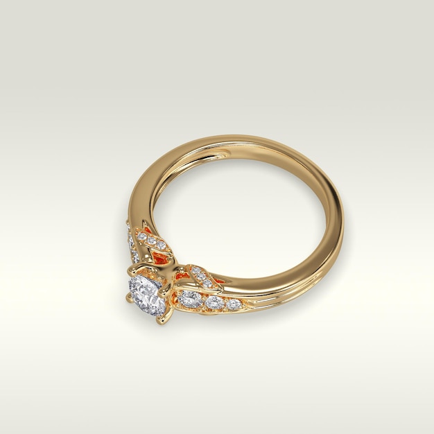 Anillo de compromiso solitario en posición tumbada en renderizado 3D de oro amarillo