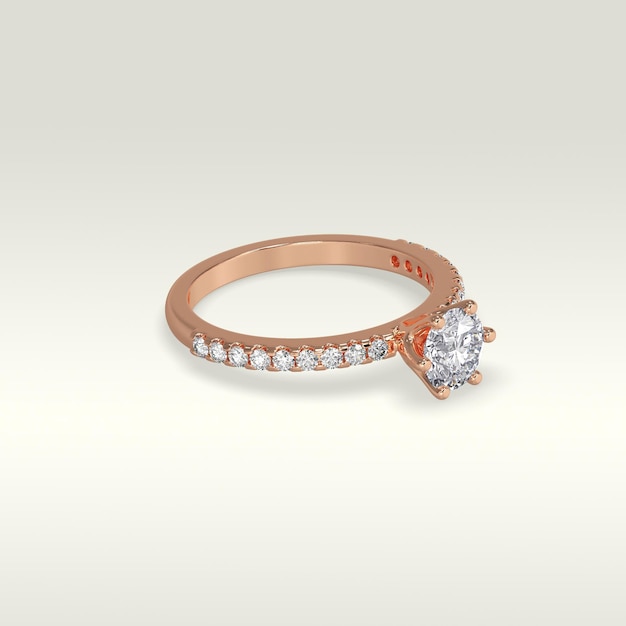 Anillo de compromiso solitario en posición tumbada en renderizado 3D de oro rosa