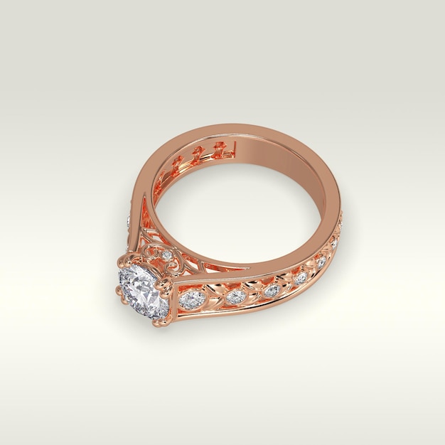 Anillo de compromiso solitario en posición tumbada en renderizado 3D de oro rosa