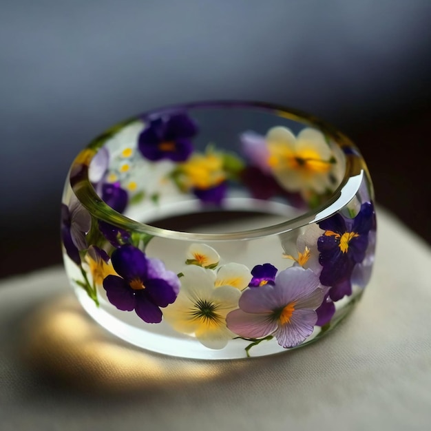 Un anillo de cristal transparente con flores moradas y amarillas.