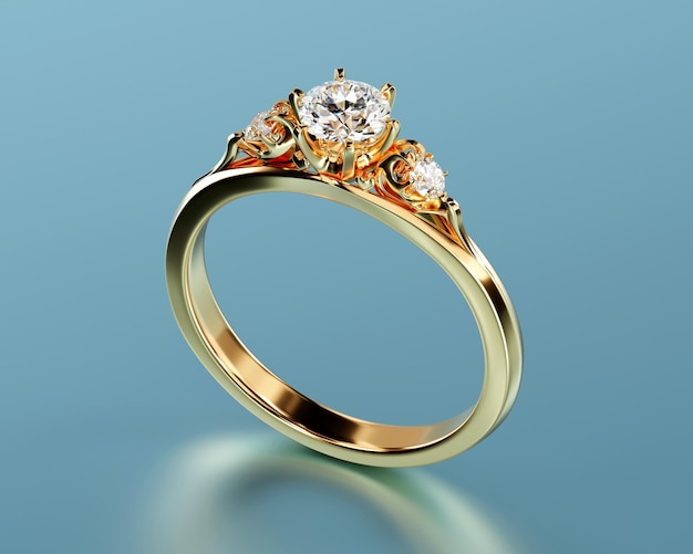 Anillo de diamante aislado en fondo azul Renderizado en 3D