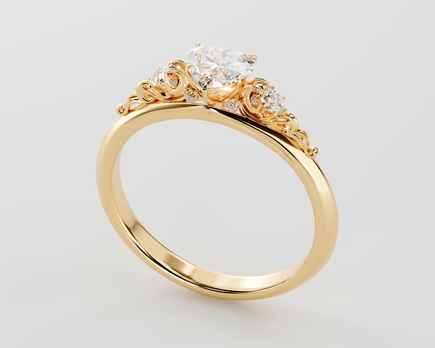 Anillo de diamante aislado en fondo blanco Renderizado en 3D