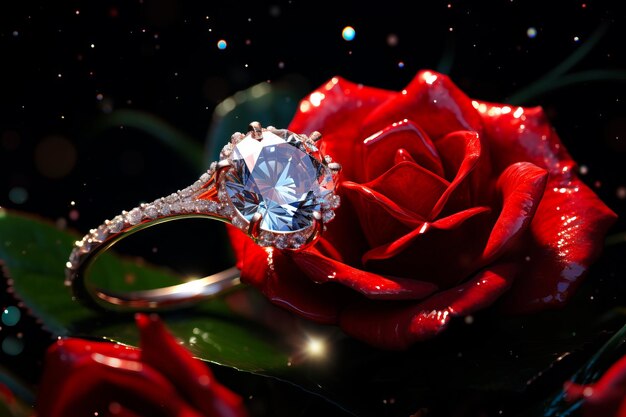 Anillo con diamante azul sentado junto a la rosa roja IA generativa