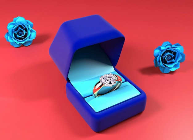 Foto anillo de diamantes 3d en caja y rosas y fondo