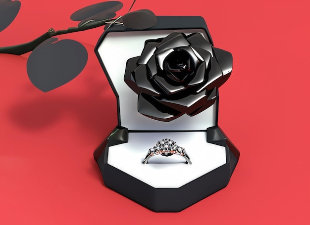 Foto anillo de diamantes 3d en caja y rosas y fondo