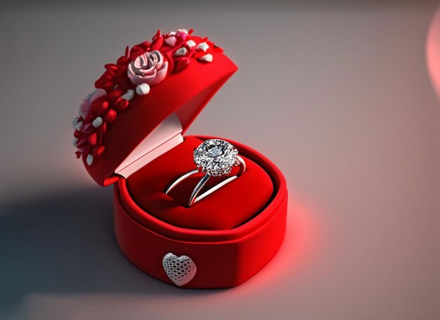 Anillo de diamantes 3d en fondo del día de velantines de flor de caja de anillo rojo