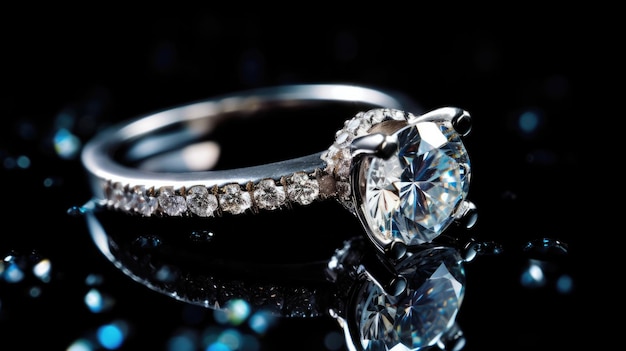 Un anillo de diamantes se asienta sobre una superficie negra.