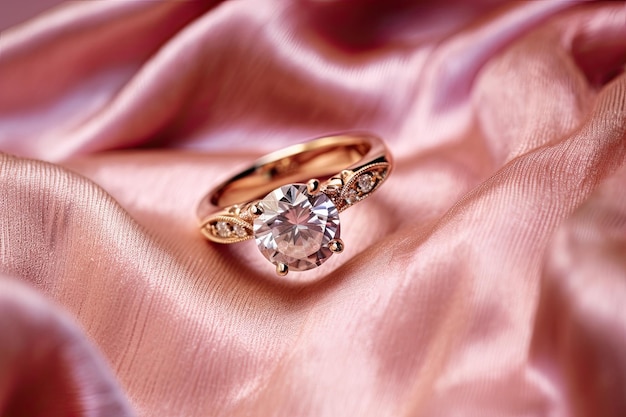 El anillo de diamantes de la boda se coloca en una tela de oro rosado