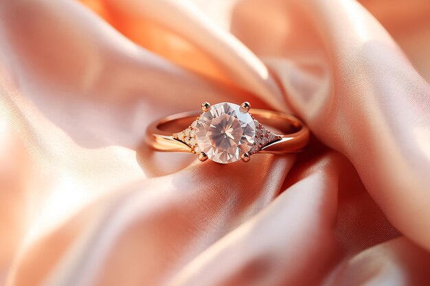 Foto anillo con diamantes grandes y pequeños de primer plano en un fondo de tela de melocotón claro a la luz del sol