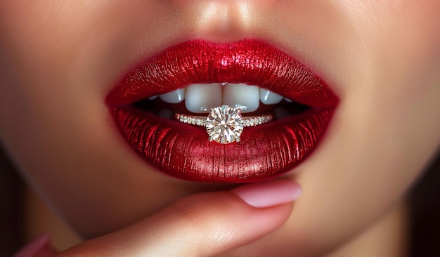 Anillo de diamantes con joyas de oro en labios de mujer pintados de lápiz labial rojo de primer plano escolta de chicas mercantiles egoístas