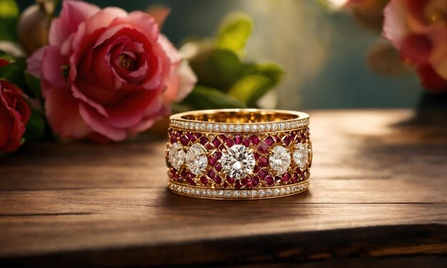 Foto anillo de diamantes de joyería en una mesa de madera con fondo bokeh ai generativo