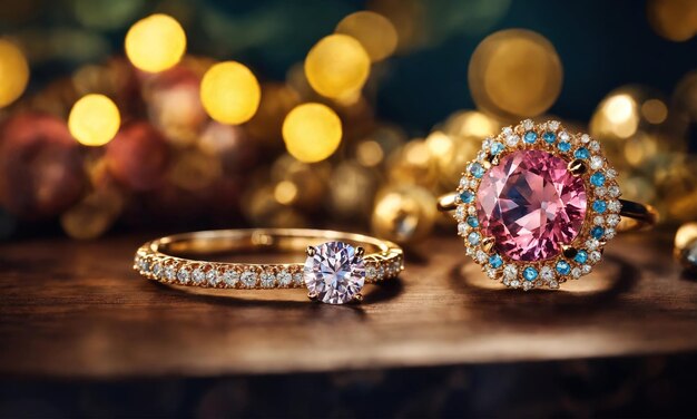 anillo de diamantes de joyería en una mesa de madera con fondo bokeh ai generativo