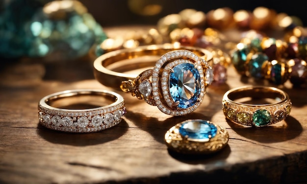 anillo de diamantes de joyería en una mesa de madera con fondo bokeh ai generativo