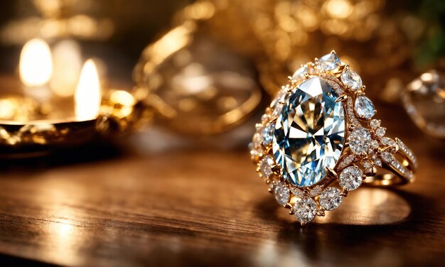 anillo de diamantes de joyería en una mesa de madera con fondo bokeh ai generativo