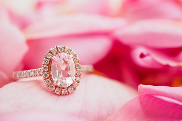 Anillo de diamantes de joyería rosa sobre fondo hermoso pétalo de rosa de cerca