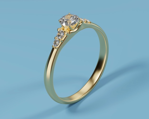 Anillo de diamantes de oro aislado sobre fondo azul, representación 3D.