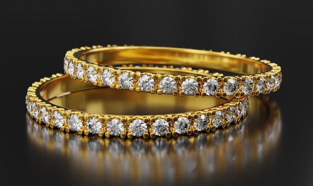 Anillo de diamantes de oro sobre fondo negro 3d render