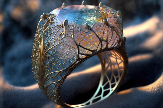 Un anillo dorado y azul con un diseño de árbol.