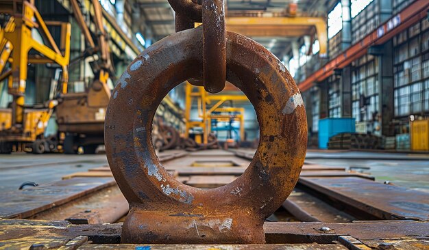 Foto anillo de elevación metálico oxidado en un almacén industrial