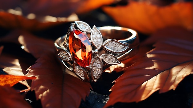 Anillo de estilo de otoño con cristal rojo y tonos cálidos