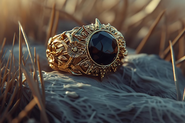 Anillo de fantasía de oro y piedra negra