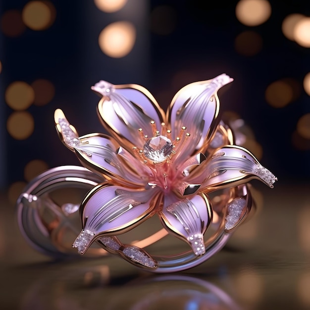 Un anillo de flor rosa con un diamante en el centro.