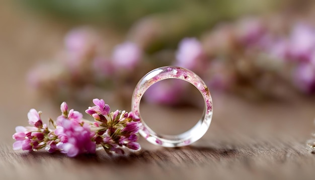 un anillo con flores rosas en él está colocado en una flor