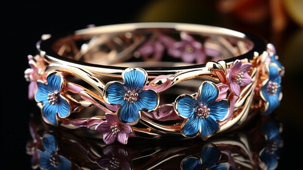 un anillo con flores rosas y flores azules