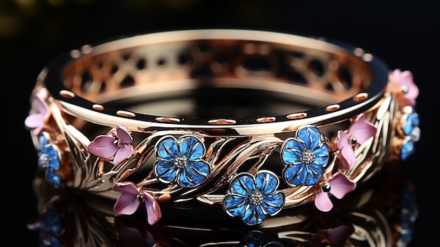 un anillo con flores rosas y flores azules