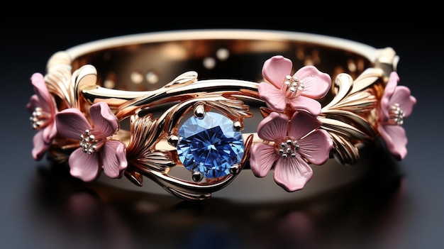 un anillo con flores rosas y flores azules