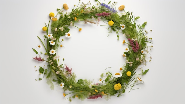 Anillo de flores sobre un fondo blanco.