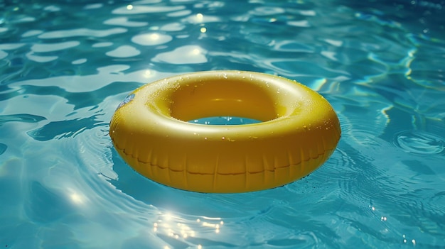 Un anillo de flotación amarillo flota en una piscina azul fresca