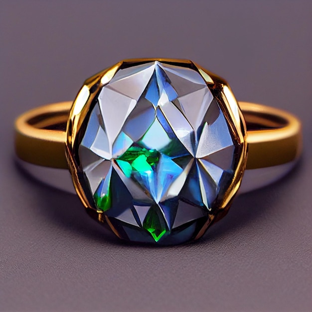 Un anillo con una gema azul descansa sobre una superficie gris.