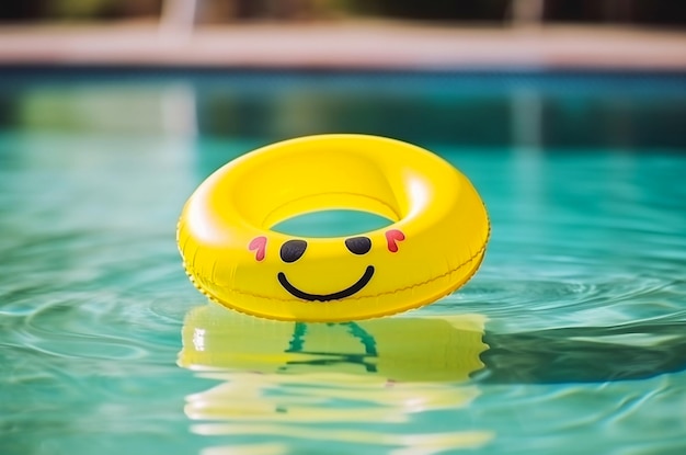 Anillo de goma amarillo sonriendo en la piscina en un resort tropical IA generativa