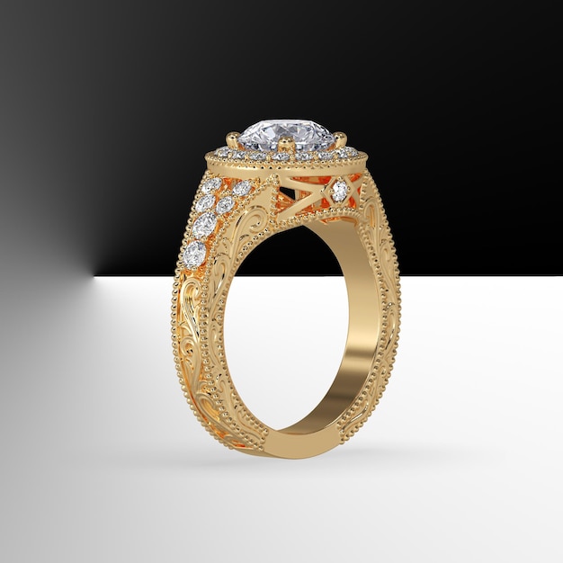 Anillo de halo de compromiso de filigrana con piedra central de diamante redondo 3d render