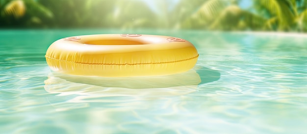 anillo inflable amarillo flotando en una piscina que representa un concepto de vacaciones Hay una copia