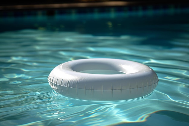 Un anillo inflable blanco flotando en una piscina.