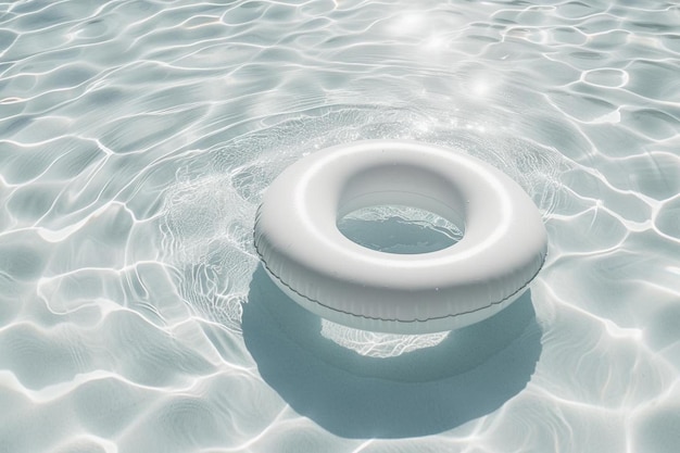 Un anillo inflable blanco flotando en una piscina.