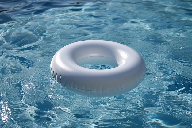 Un anillo inflable blanco flotando en una piscina.