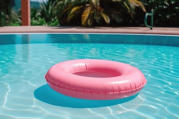 Anillo inflable flotando en una piscina con palmeras en el fondo