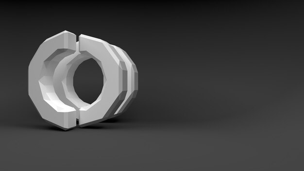 Anillo logo blanco de dos mitades sobre fondo gris. Representación 3D.